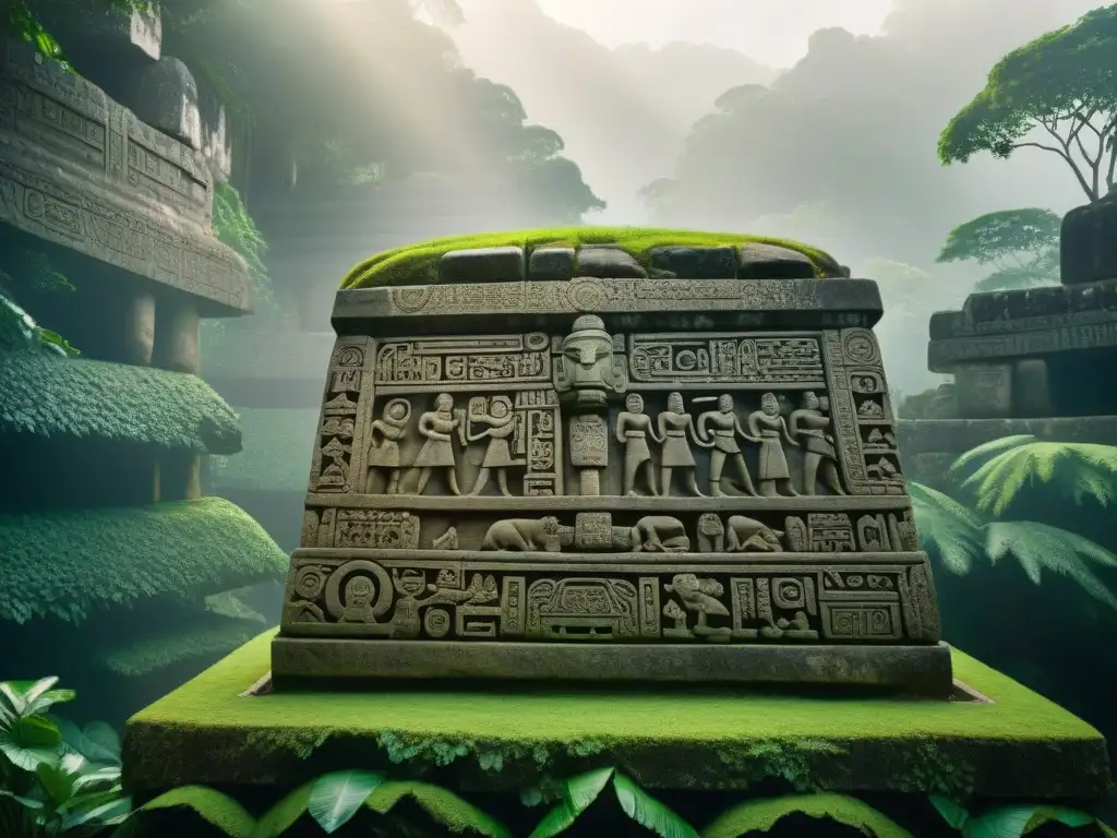 Intrincado monumento de piedra con jeroglíficos mayas y símbolos olmecas en la selva