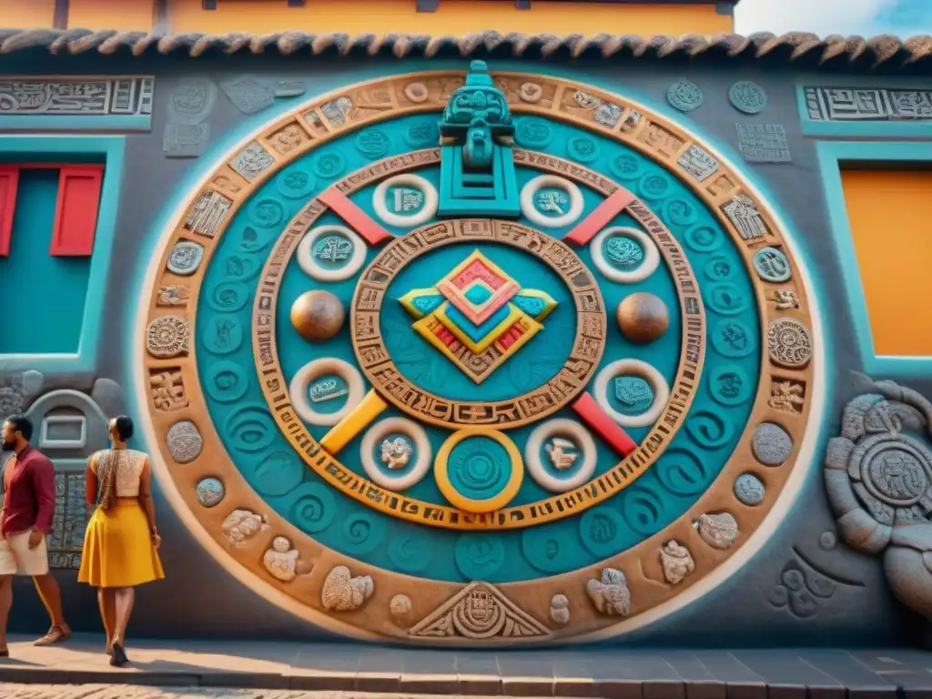 Intrincado mural del calendario maya en piedra, con colores vibrantes y glifos detallados que representan signos astrológicos