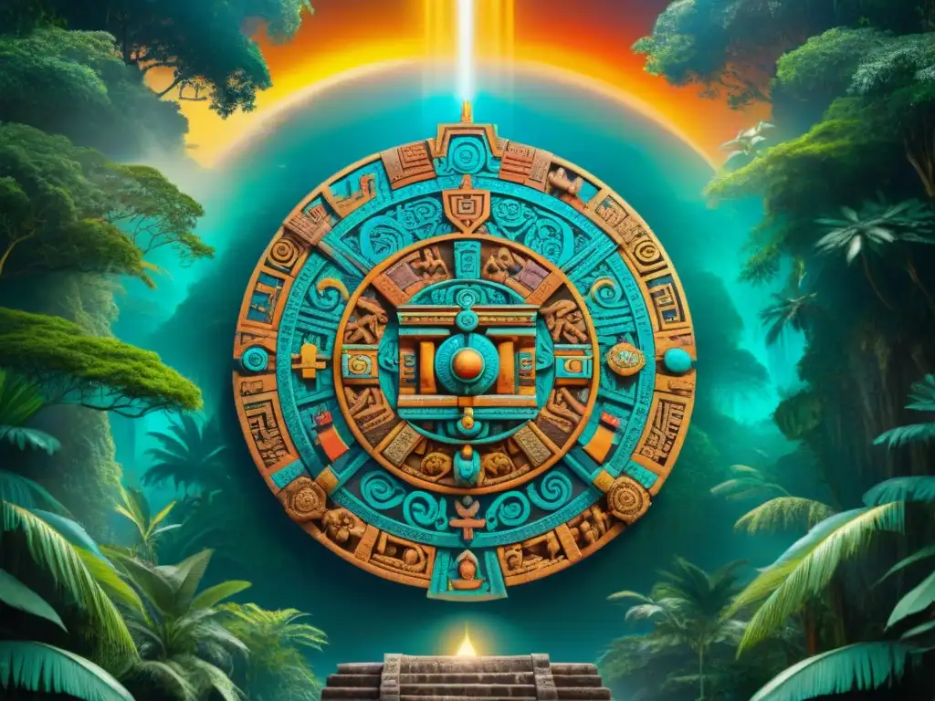 Intrincado mural del Calendario Maya en la selva tropical, con hieroglifos y símbolos vibrantes que representan el tiempo y el espacio