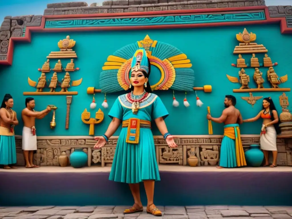 Intrincado mural maya mostrando escena ritual en templo con sacerdotes, atuendos tradicionales, jeroglíficos y valores éticos expresados por mayas