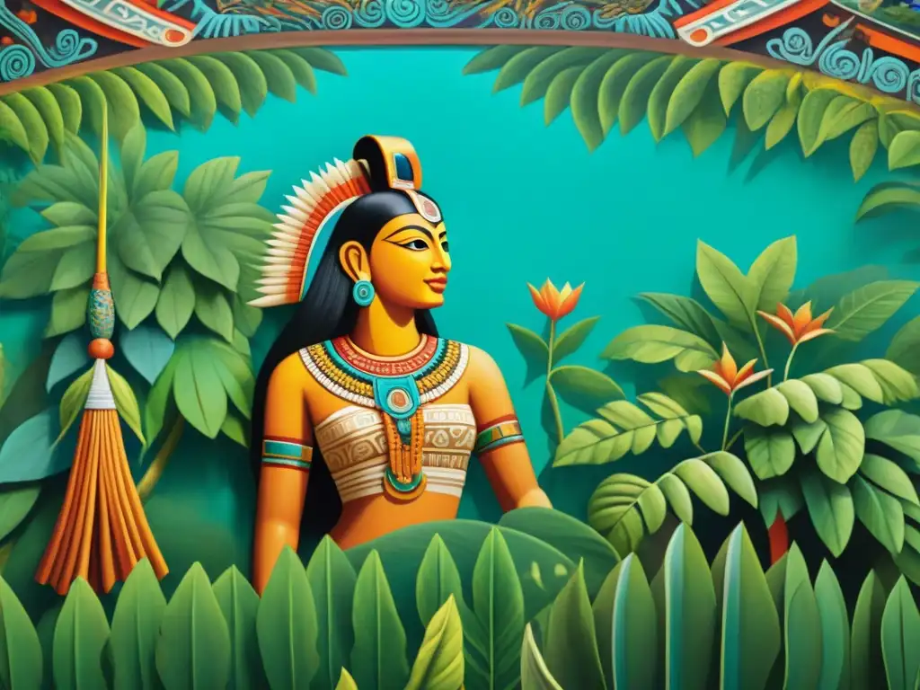 Intrincado mural maya de la naturaleza con representaciones detalladas de flora, fauna y elementos celestiales