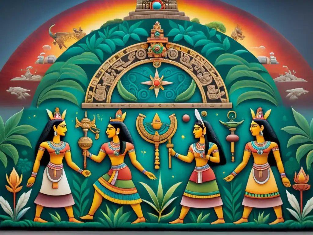 Intrincado mural que representa los niveles del cosmos maya: celestial, terrenal y subterráneo