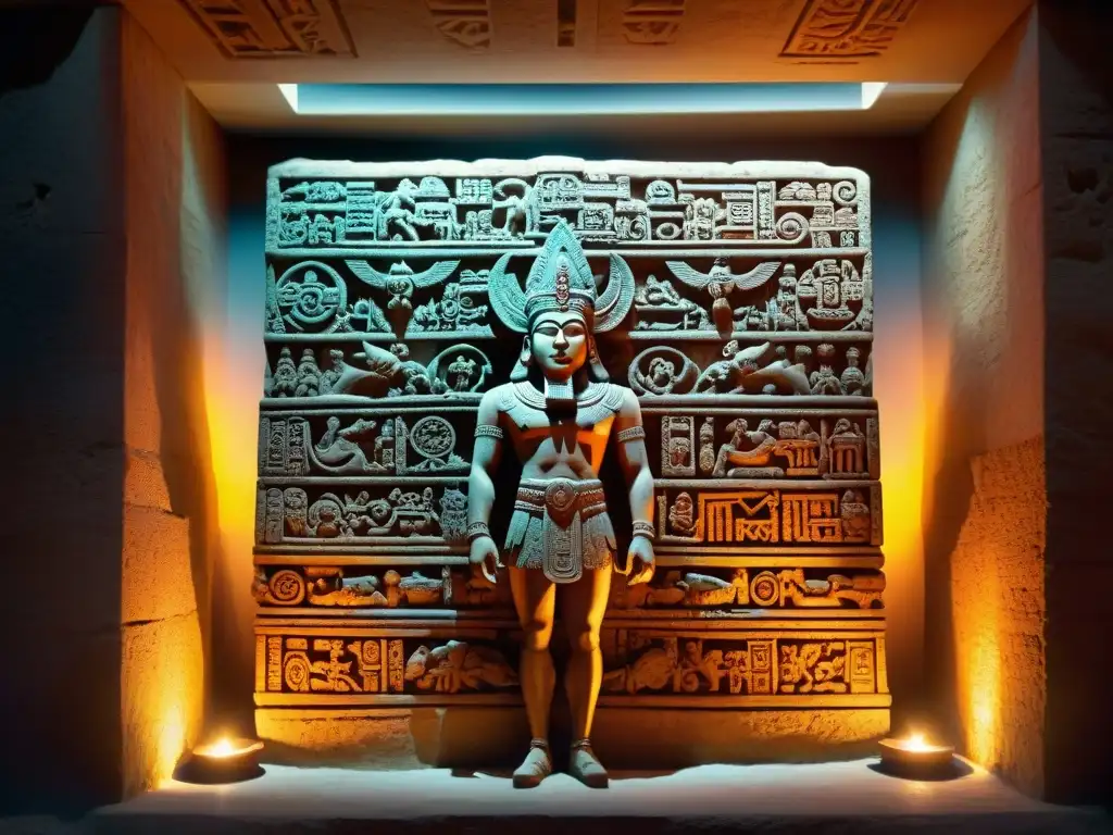 Intrincado mural de piedra en templo maya, representa a Dios murciélago Camazotz en detalle, iluminado por antorchas