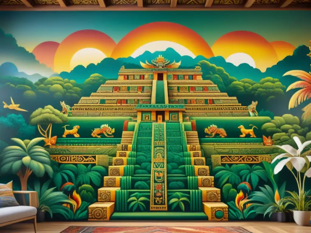 Intrincado mural del Popol Vuh con Quetzalcoatl entre símbolos mayas y la exuberante naturaleza, iluminado por el sol dorado