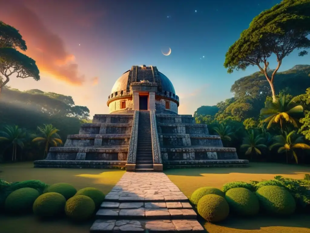 Intrincado observatorio astronómico maya en la selva al atardecer, con métodos cálculo ciclos eclipses mayas