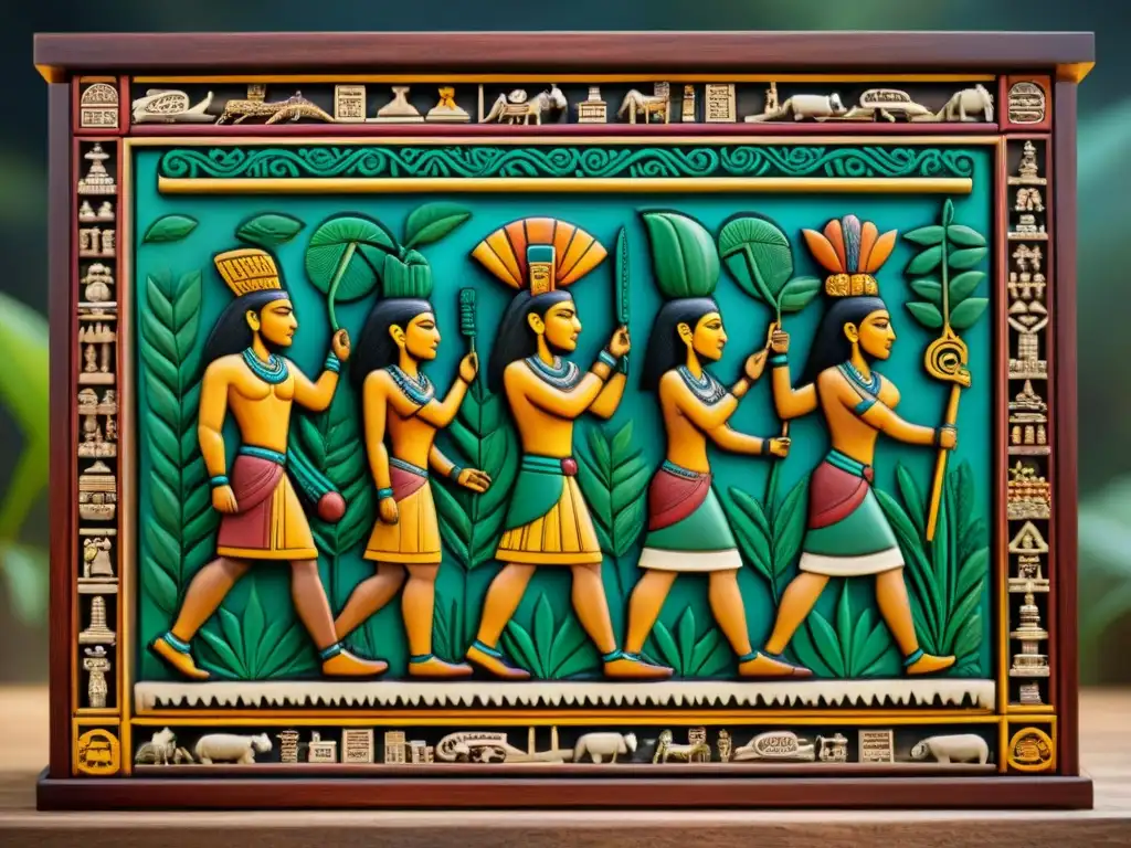 Intrincado panel de jeroglíficos mayas mostrando escenas de la vida diaria y valores éticos
