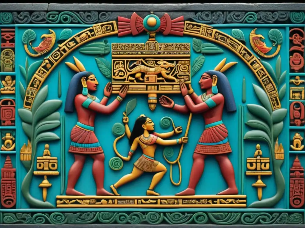 Intrincado panel maya del Popol Vuh con Hunahpu y Xbalanque, dioses y el Maíz emergiendo, simbolismo y colores vibrantes