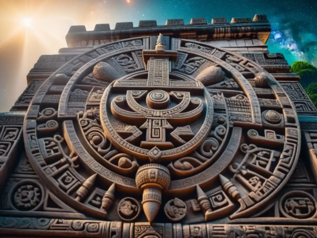 Intrincado relieve de piedra en templo maya con la galaxia Vía Láctea destacada, símbolos cósmicos y luz solar