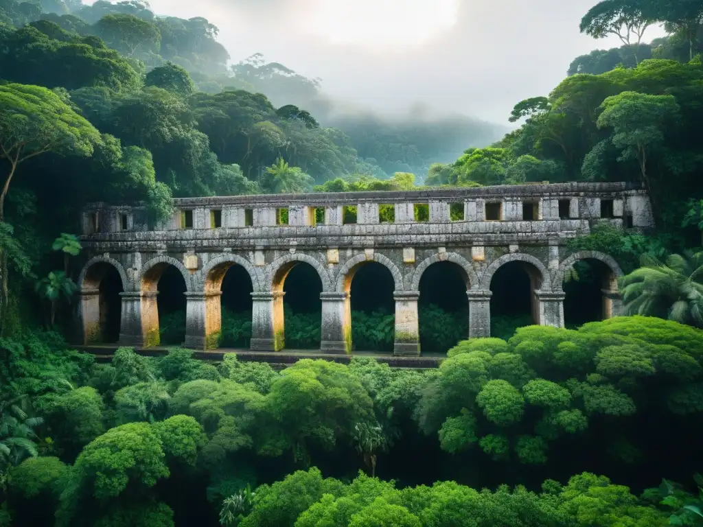 Intrincado sistema acueducto Maya rodeado de exuberante vegetación, destacando la conservación del agua y la cultura maya