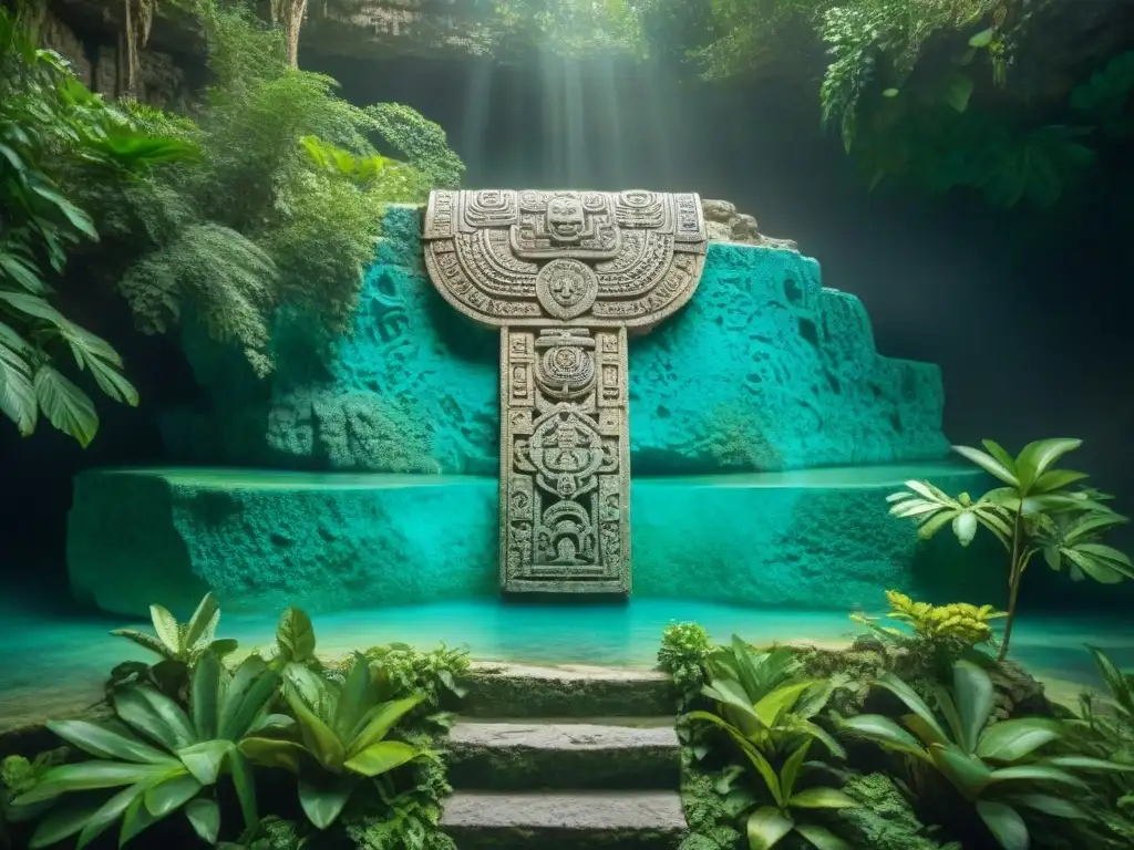 Un intrincado tallado de una glifo maya con un cenote sagrado, resaltando la cosmovisión maya de cuerpos de agua sagrados