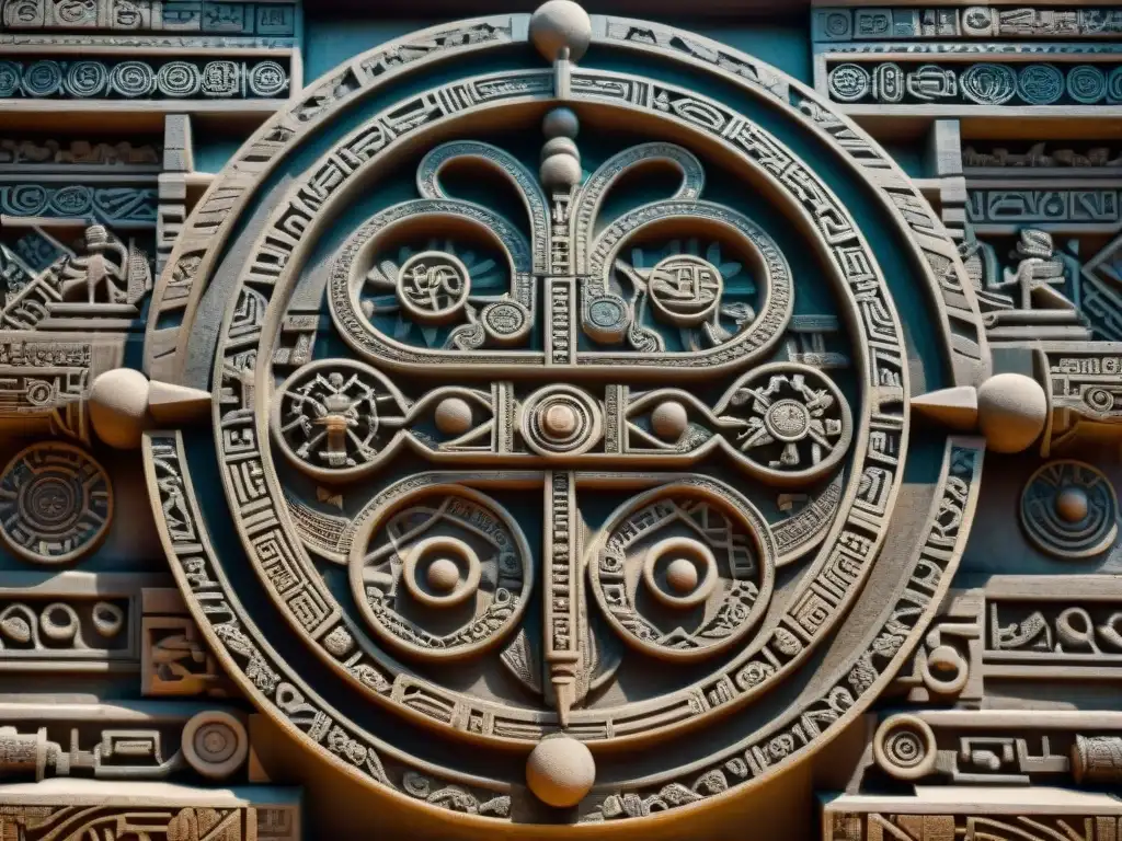 Intrincado tallado maya con cálculos matemáticos y símbolos de infinito, mostrando su legado matemático cultura maya