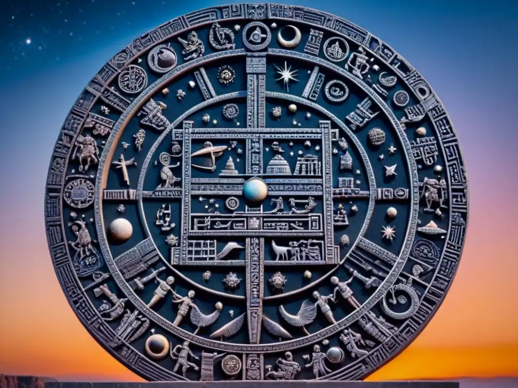 Intrincado tallado en piedra de astrónomos mayas usando herramientas celestiales para calcular eclipses, con detallados grabados del sol, luna y estrellas entrelazados con símbolos matemáticos y diagramas astronómicos, en un escenario de cielo nocturno lleno de