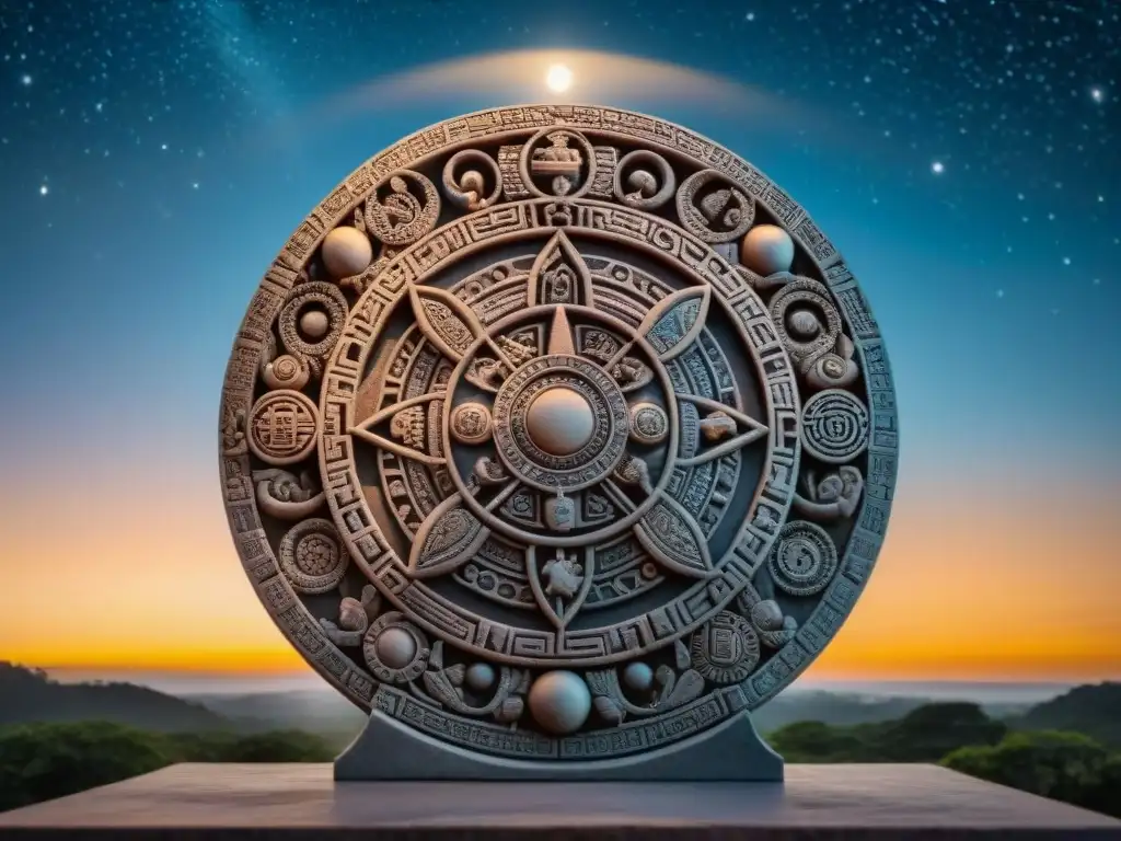 Intrincado tallado de piedra del calendario maya, símbolos celestiales en un cielo estrellado