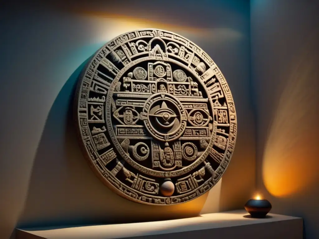 Intrincado tallado de piedra del Calendario Maya, con símbolos celestiales detallados y patrones simbolizando el tiempo, iluminado por un rayo de luz