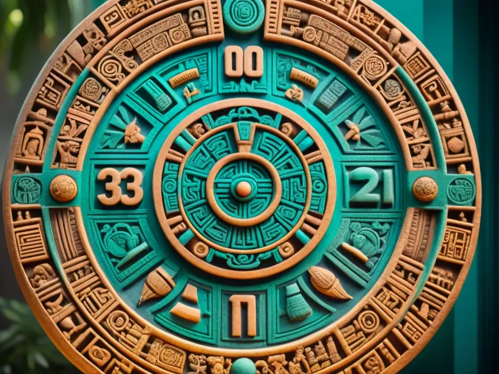 Intrincado tallado de piedra del calendario maya entrelazado, detallado y adornado con glifos coloridos