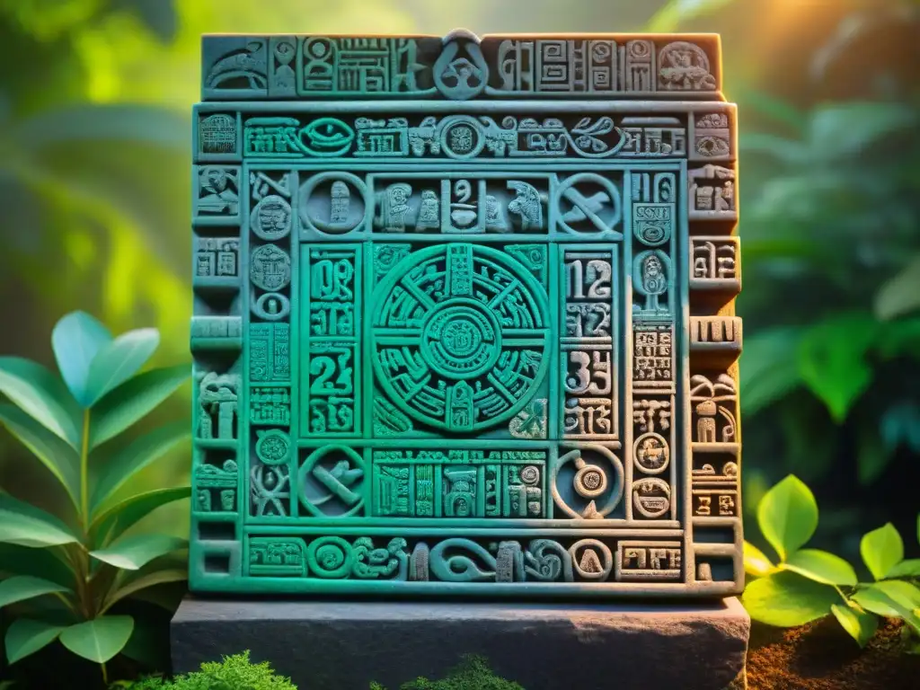 Intrincado tallado de piedra del Sistema calendárico maya tradicional, con símbolos detallados en la jungla verde