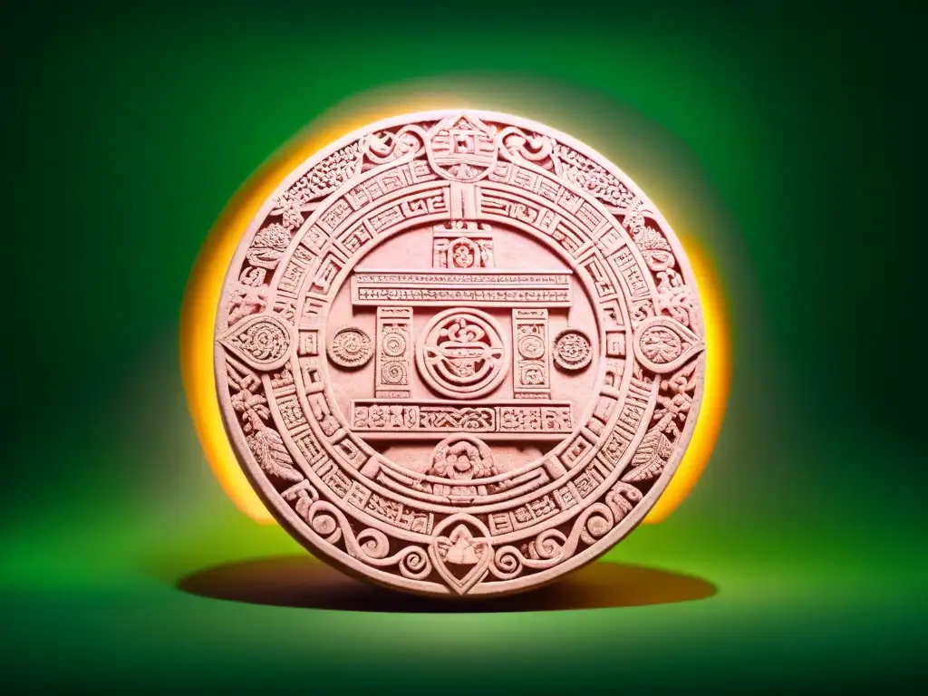 Intrincado tallado de piedra del Sistema calendárico maya tradicional en la jungla tropical