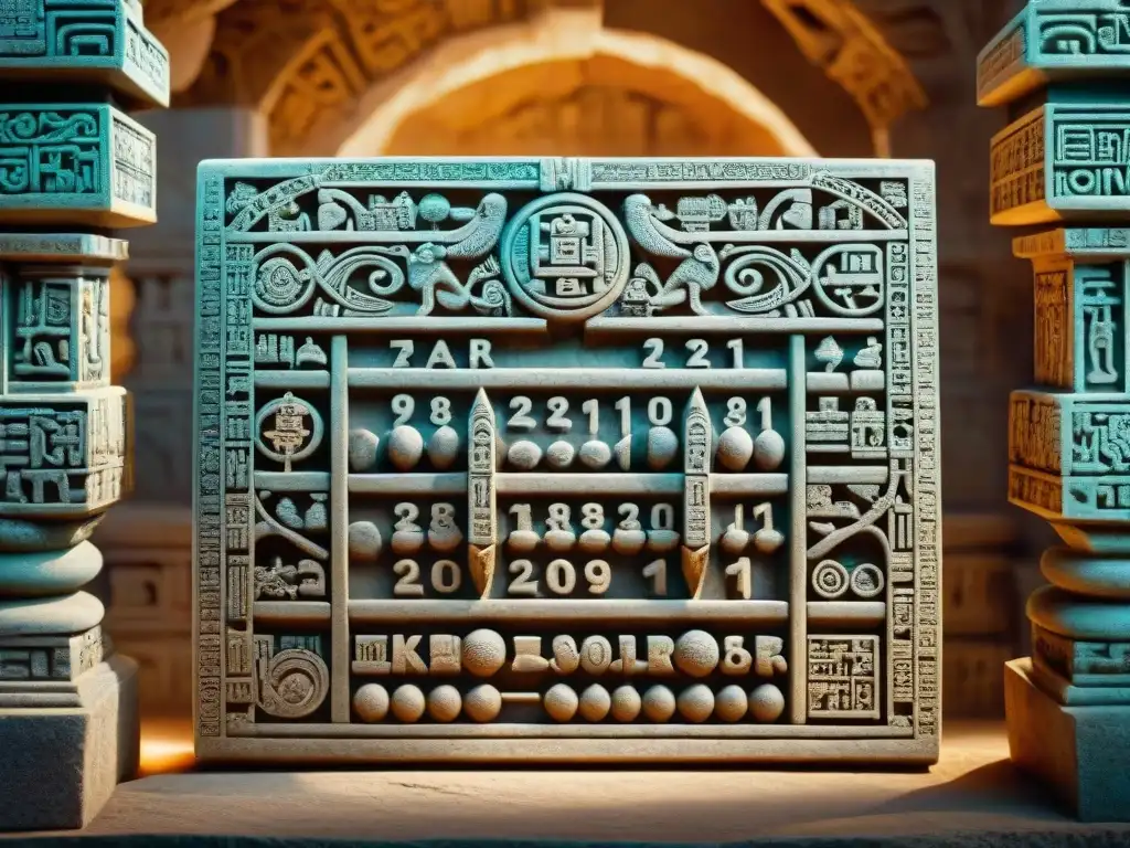 Intrincado tallado de piedra de los sistemas calendáricos mayas, destacando precisos glifos y símbolos