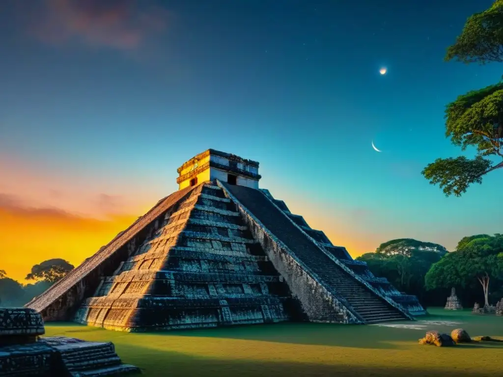 Intrincados artefactos mayas iluminados por el sol poniente en un atardecer misterioso