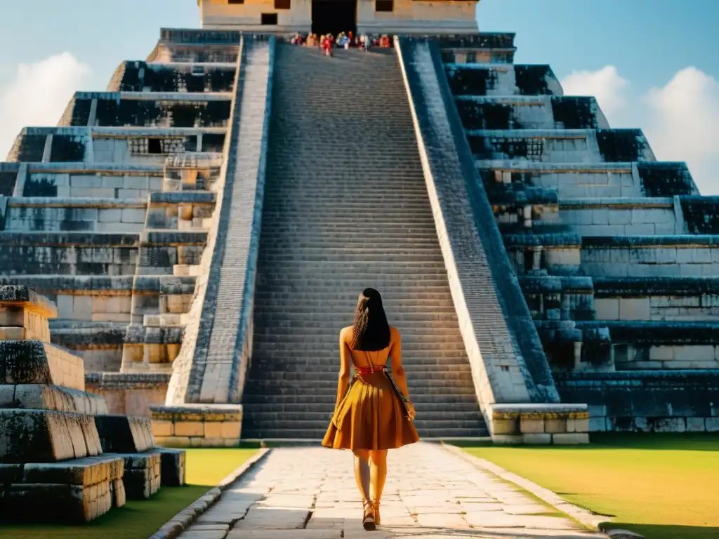 Intrincados detalles arquitectónicos del Templo de Kukulkán en Chichén Itzá, reflejando la influencia de Kukulkán en la cultura maya