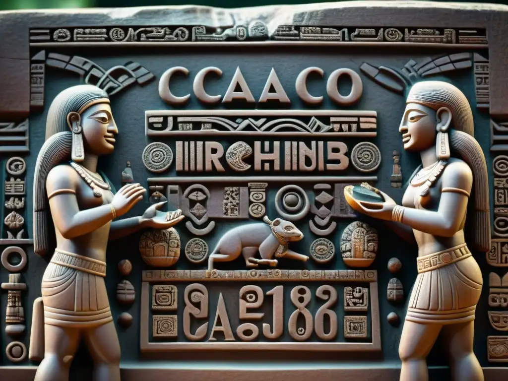 Intrincados glifos mayas de cacao tallados en piedra, destacando la importancia del cacao en Maya