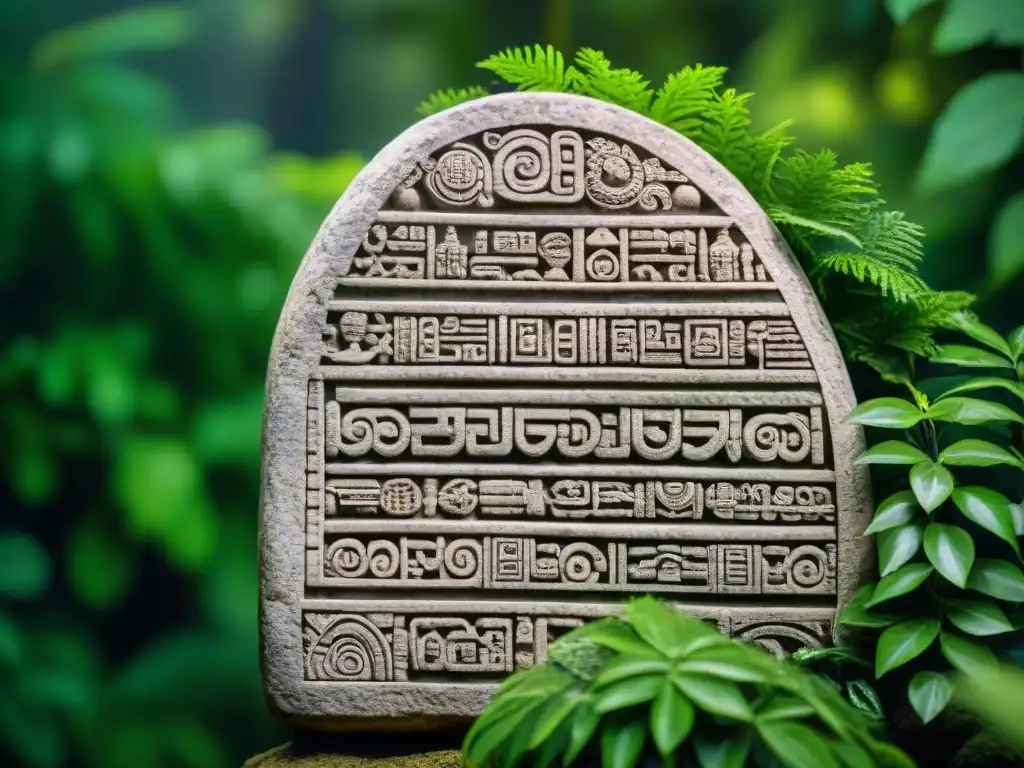 Intrincados glifos mayas esculpidos en piedra, revelando su compleja escritura