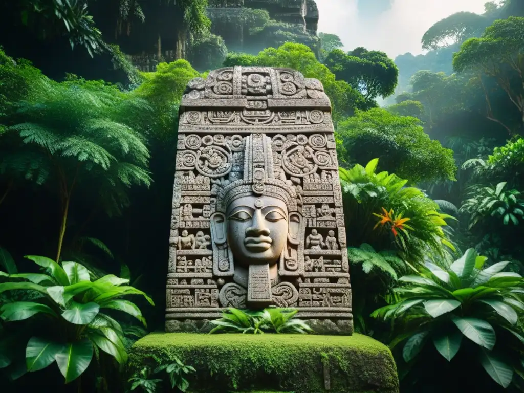 Los intrincados glifos mayas iluminados por el sol en una estela en la selva