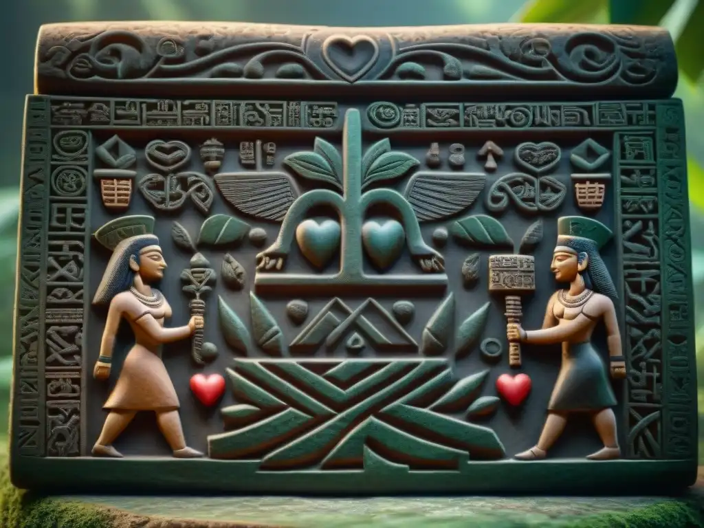 Intrincados glifos mayas tallados en piedra, representando el cacao y su conexión con la salud del corazón