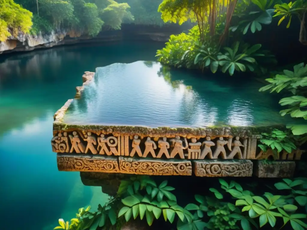 Jeroglíficos mayas en cenote: misterio ancestral Intrincados glifos de piedra en cenote rodeado de vegetación en la Península de Yucatán, Reservas agua subterránea mayas