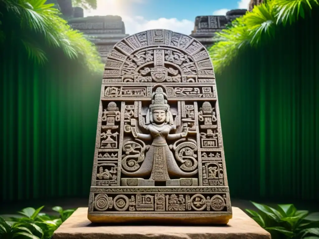 Intrincados glifos religiosos mayas esculpidos en una estela de piedra en la selva, destacados por las sombras del sol