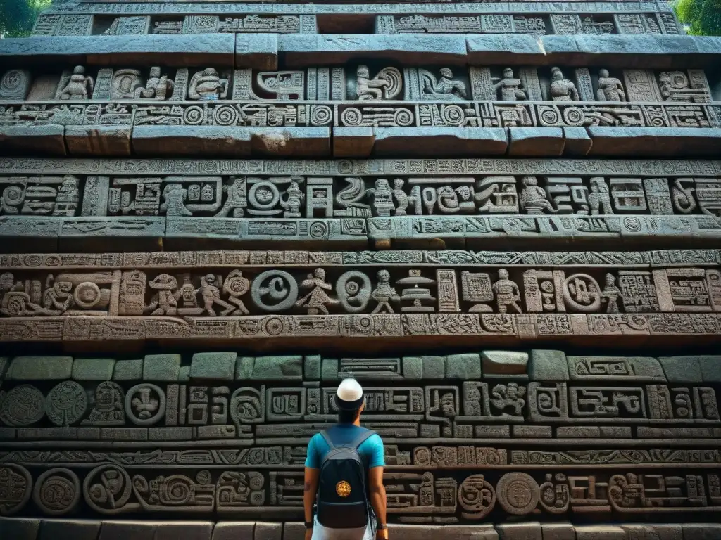 Intrincados glifos y símbolos en las paredes de un templo maya, revelando los beliefs cosmológicos de la civilización maya