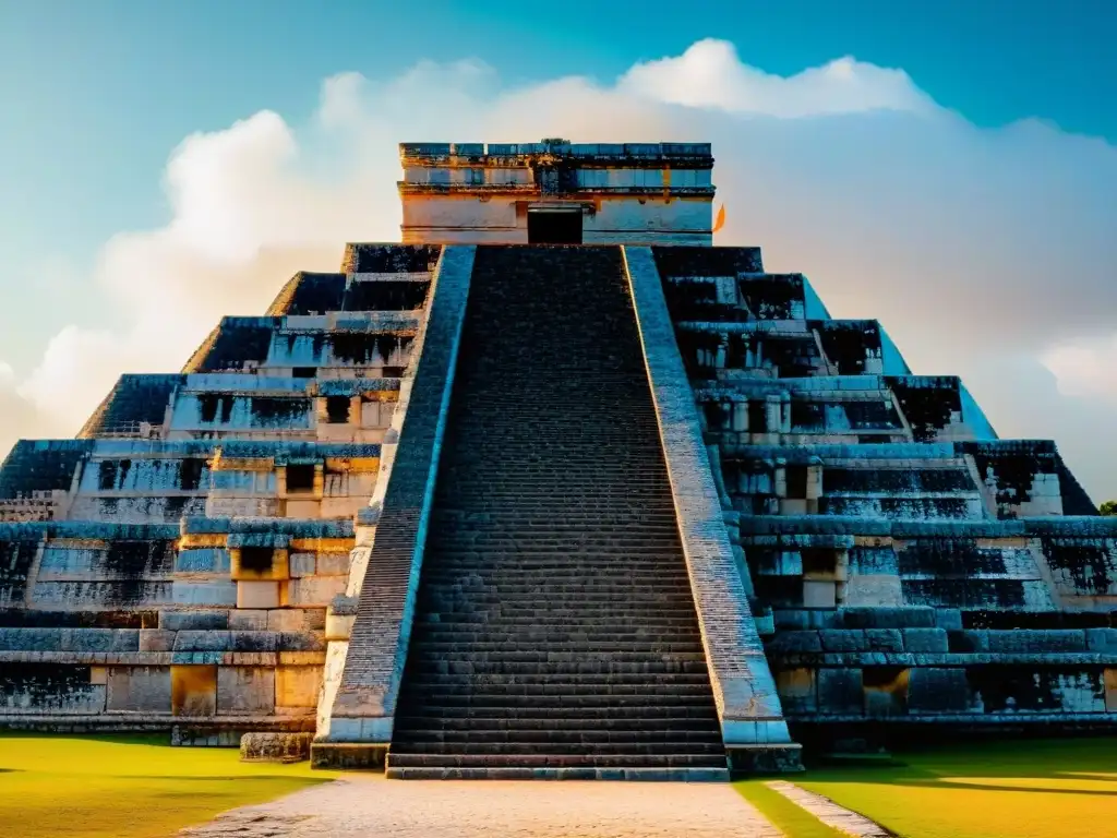 Intrincados grabados del dios serpiente emplumada en el Templo de Kukulkán en Chichén Itzá, resaltando el equilibrio dualidad vida muerte maya