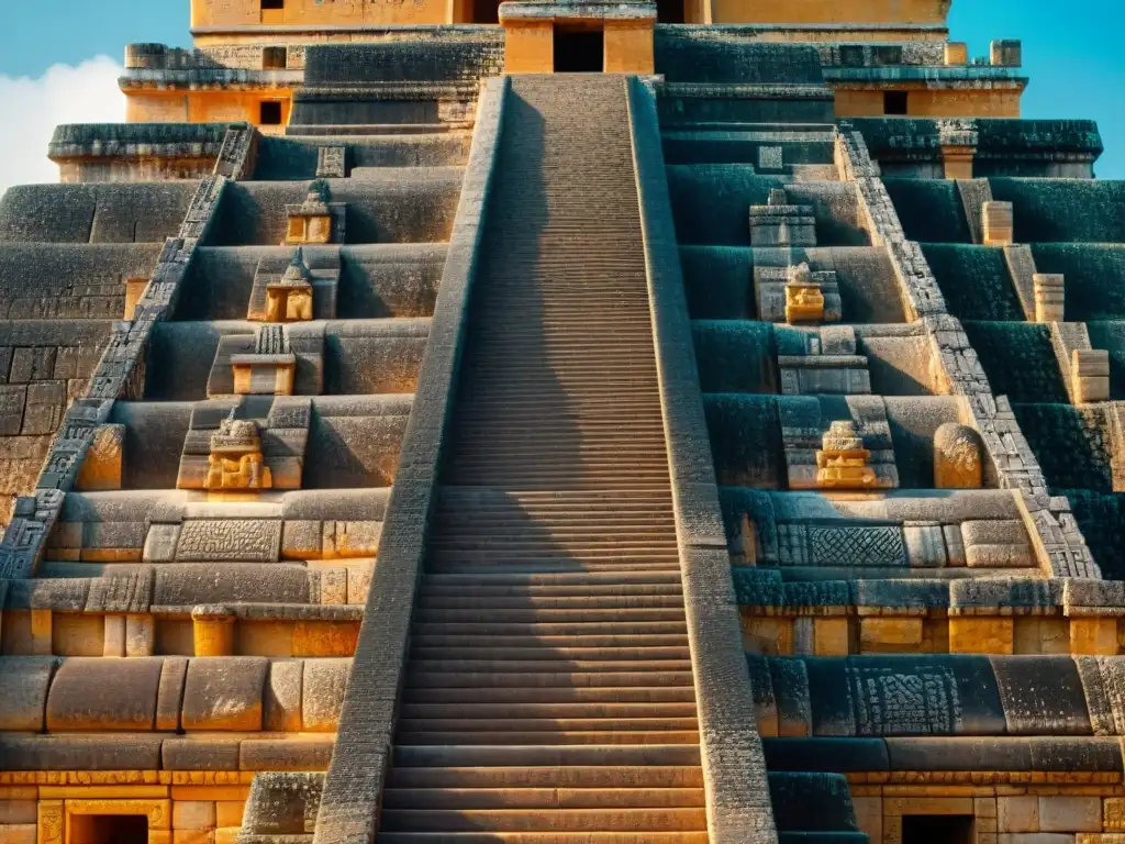 Detalles mágicos: Pirámide del Adivino en Uxmal Intrincados grabados y glifos en la majestuosa Pirámide del Adivino en Uxmal, resaltando la vida en Uxmal cultura maya