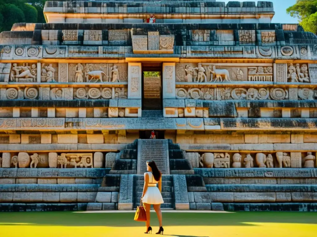 Intrincados grabados y jeroglíficos en el antiguo juego de pelota maya en Chichén Itzá, destacando la grandeza de los centros ceremoniales cultura maya