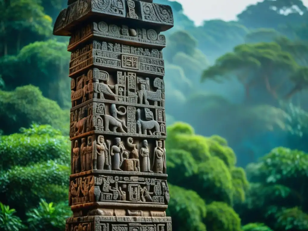 Estelas mayas de Copán: arte ancestral en la jungla Intrincados grabados y jeroglíficos en estelas mayas en Copán, Honduras, entre la exuberante selva