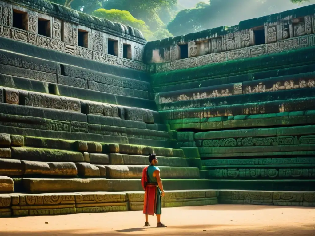 Intrincados grabados y jeroglíficos en el gran campo de juego de pelota maya, evocando misterio y significado espiritual