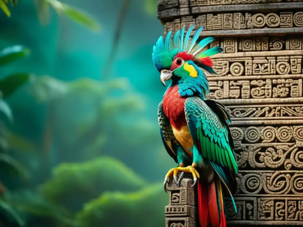 Intrincados grabados de un majestuoso quetzal en un templo maya, simbolizando libertad y significado espiritual