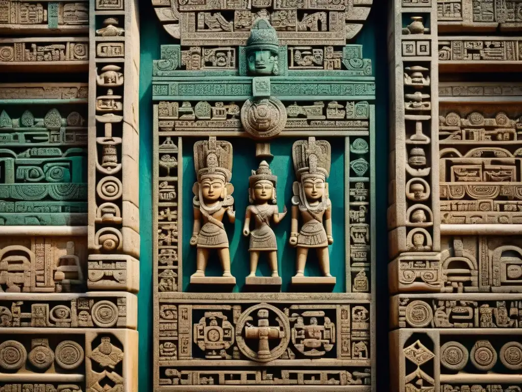 Intrincados grabados mayas en puerta de piedra, simbolismo puertas falsas diseño maya