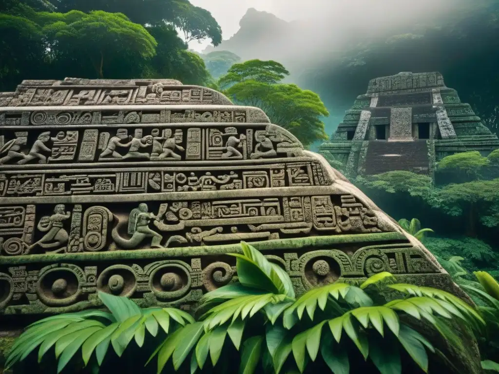 Intrincados grabados de monumento Maya con influencia cambio climático colapso civilización Maya