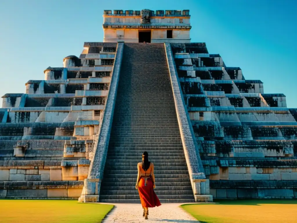 Intrincados grabados y motivos celestiales en El Castillo de Chichen Itzá, con sombras dramáticas al atardecer