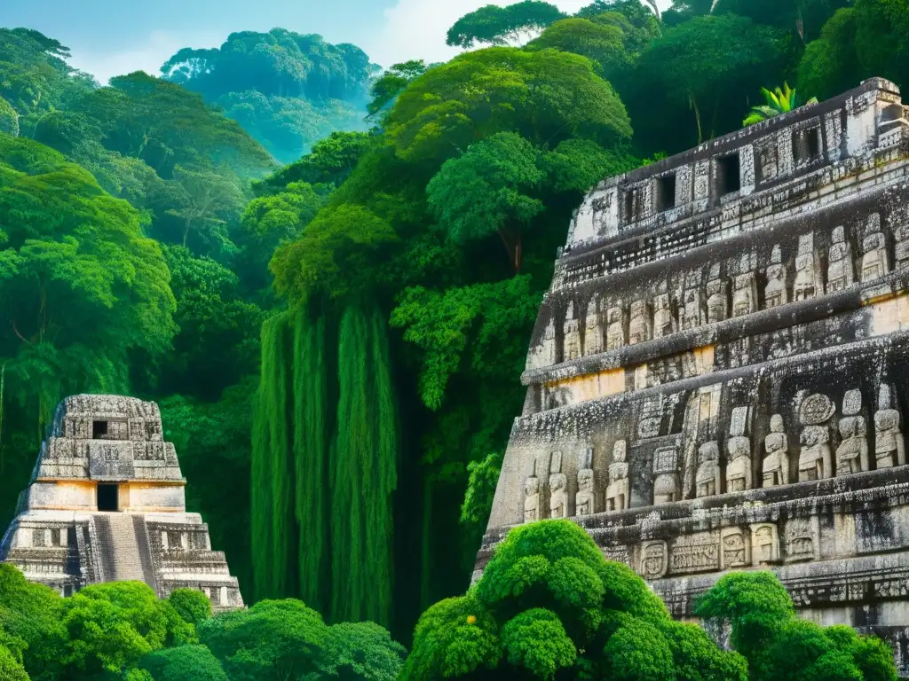 Intrincados grabados en la pared de un templo maya en Tikal, evocando el colapso maya y su vulnerabilidad ambiental