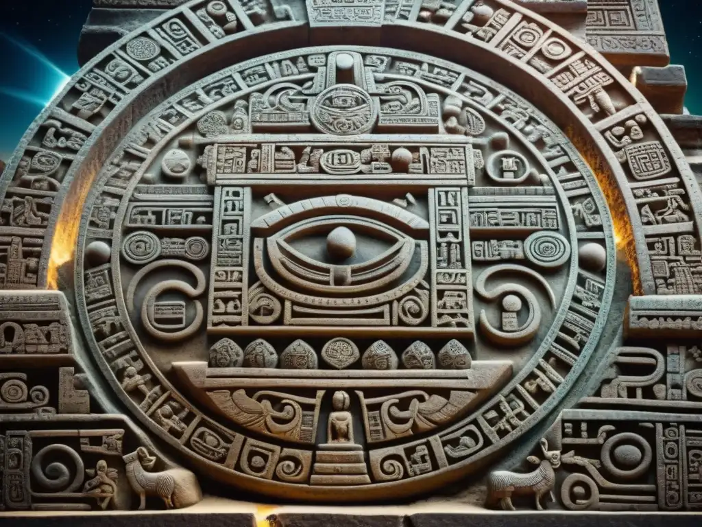 Intrincados jeroglíficos mayas esculpidos en piedra, detallando la práctica cultural maya para eclipses