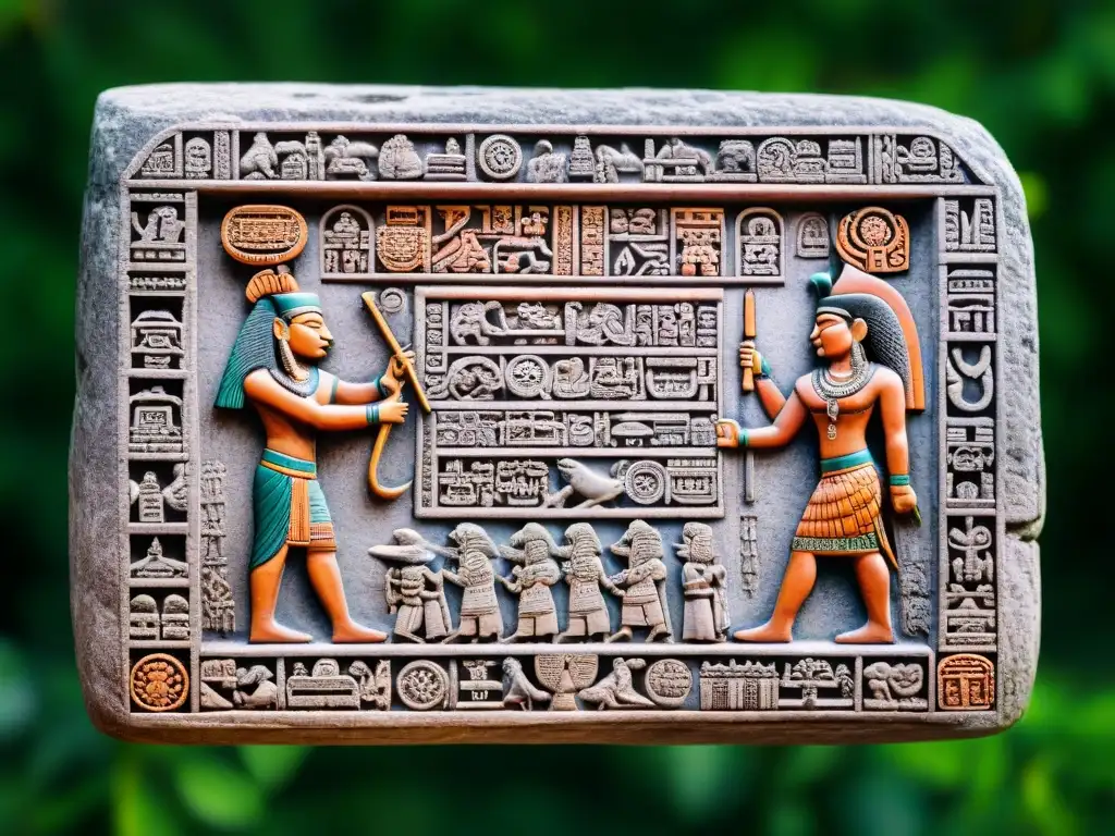 Jeroglíficos mayas detallados: escenas de diplomacia ancestral Intrincados jeroglíficos mayas esculpidos en piedra, escenas de diplomacia y prácticas culturales