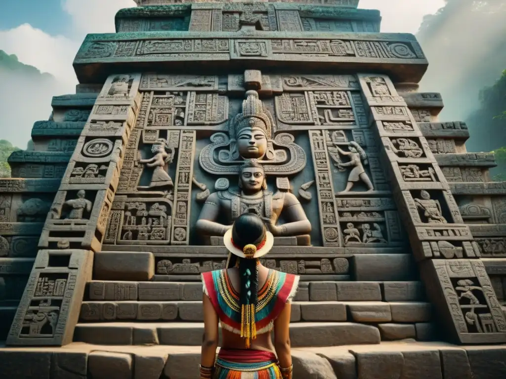 Intrincados jeroglíficos mayas esculpidos en piedra, cuentan mitología y leyendas mayas educativas