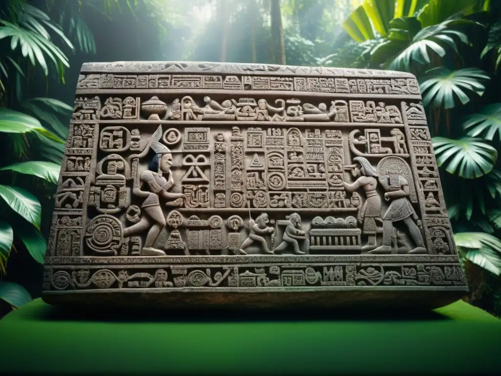 Intrincados jeroglíficos mayas en piedra, con detalles meticulosos en la selva