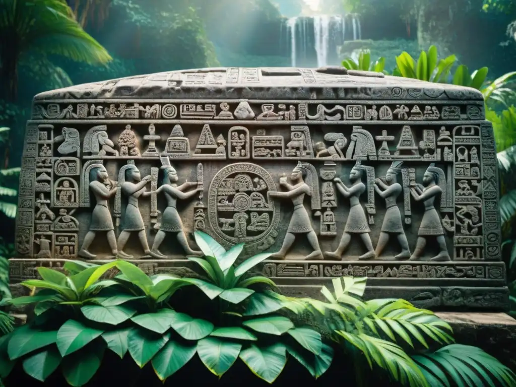 Intrincados jeroglíficos mayas tallados en piedra, reflejando prácticas culturales sociedad política maya en la selva