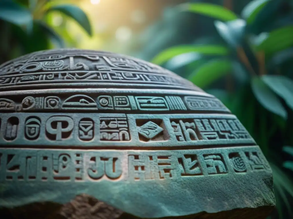 Intrincados jeroglíficos mayas tallados en piedra, iluminados por una luz suave en la densa jungla, evocando misterios no resueltos civilización maya