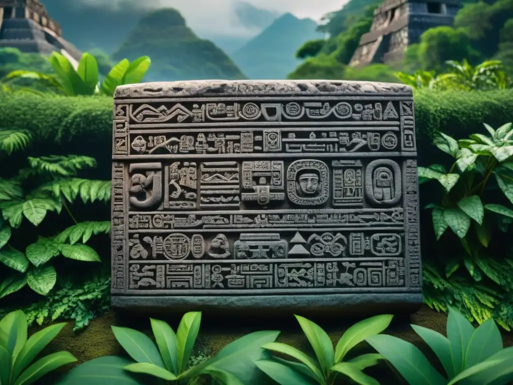 Intrincados jeroglíficos mayas tallados en piedra, fusionando estilos artísticos de Teotihuacán y Maya en la política y cultura