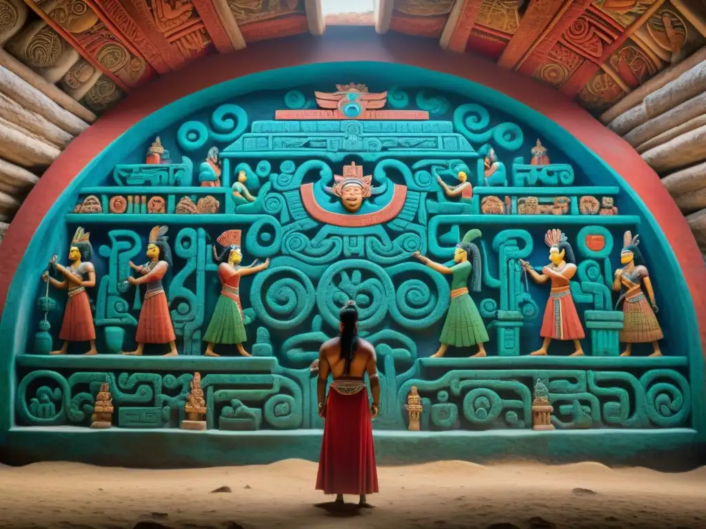 Intrincados murales del inframundo maya, con colores vibrantes y detallados símbolos