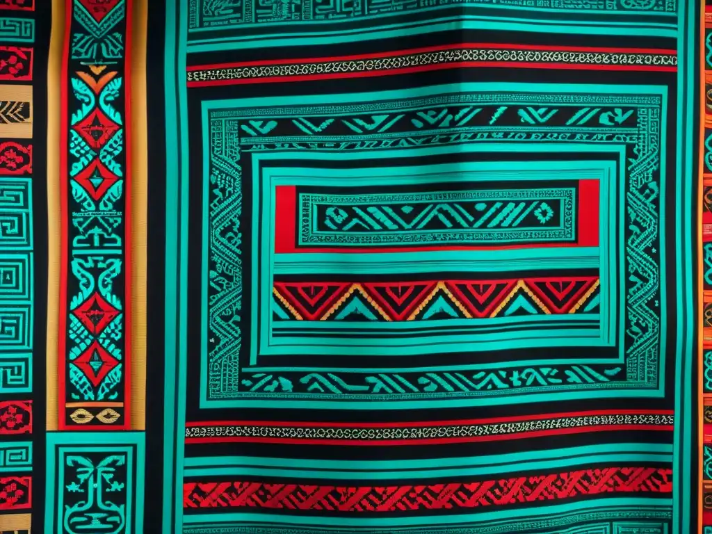 Intrincados patrones textiles mayas con simbolismo religioso en vibrantes colores y detalladas técnicas de tejido